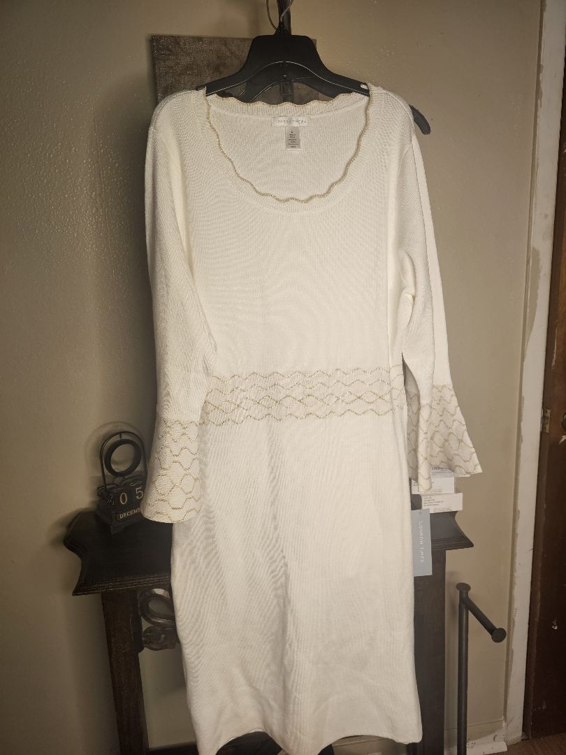 Winter White Knit Sweater Dress – Scalloped Neckline and Metallic Chevron Trim