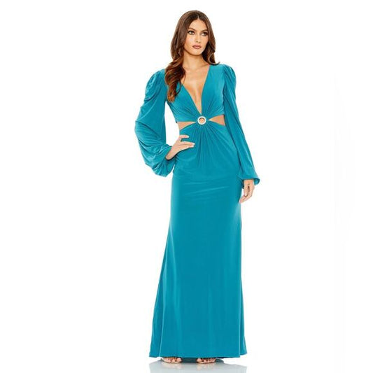 Mac Duggal Jersey Puff Long Sleeve Cut Out Column Gown
