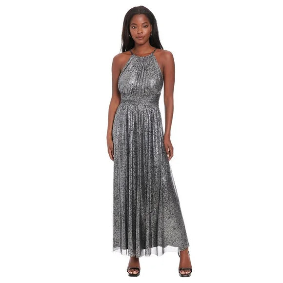 London Times High Neck Metallic Evening Maxi Gown