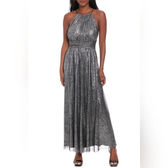 London Times High Neck Metallic Evening Maxi Gown