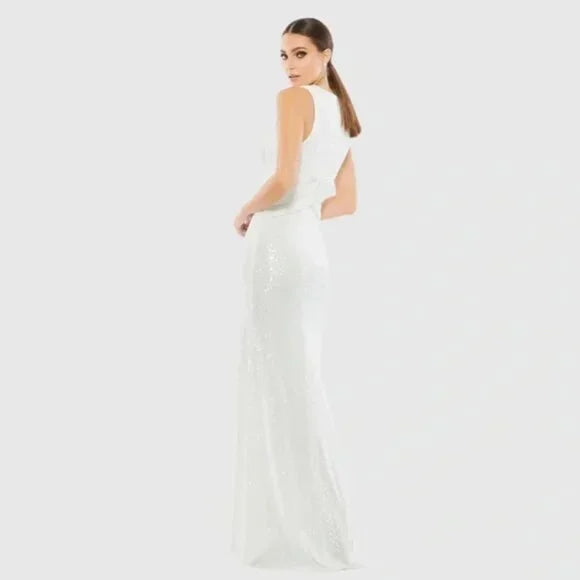 Mac Duggal White V-Neck Sequin Wrap Waist Gown