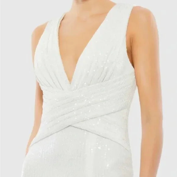 Mac Duggal White V-Neck Sequin Wrap Waist Gown