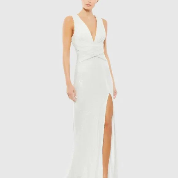 Mac Duggal White V-Neck Sequin Wrap Waist Gown