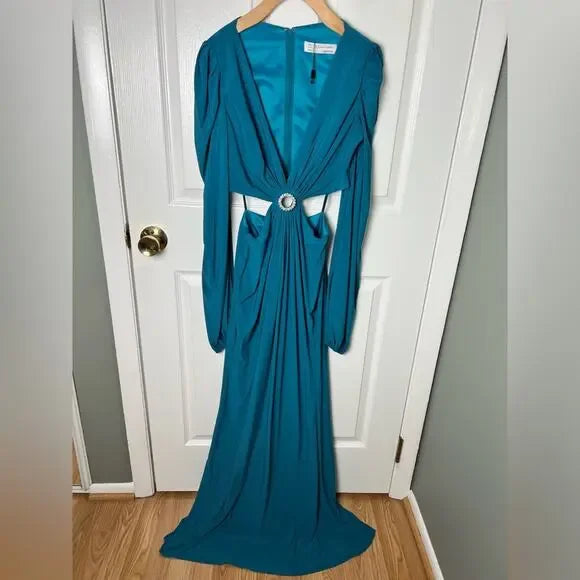 Mac Duggal Jersey Puff Long Sleeve Cut Out Column Gown