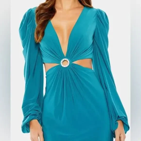 Mac Duggal Jersey Puff Long Sleeve Cut Out Column Gown