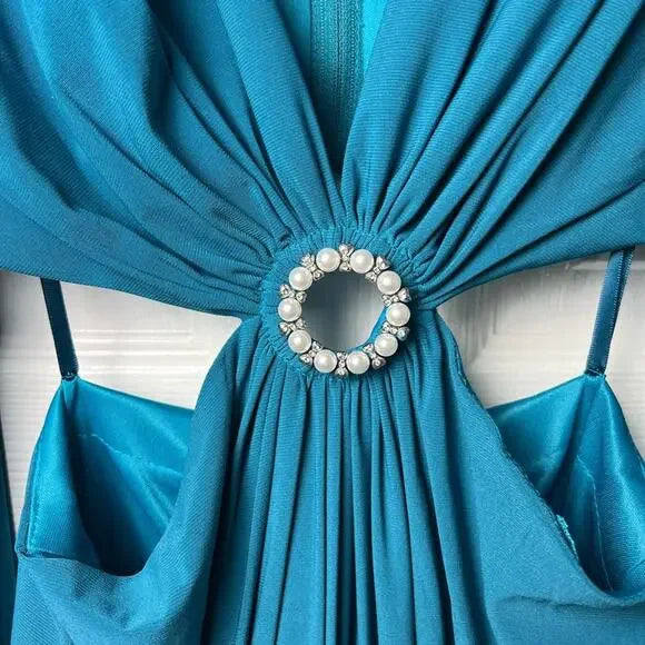 Mac Duggal Jersey Puff Long Sleeve Cut Out Column Gown