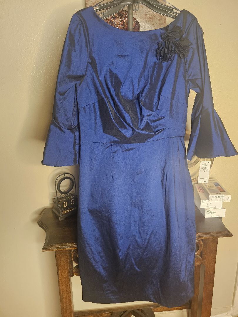 Royal Blue Shantung Cocktail Dress – 3/4 Bell Sleeves with Removable Floral Brooch