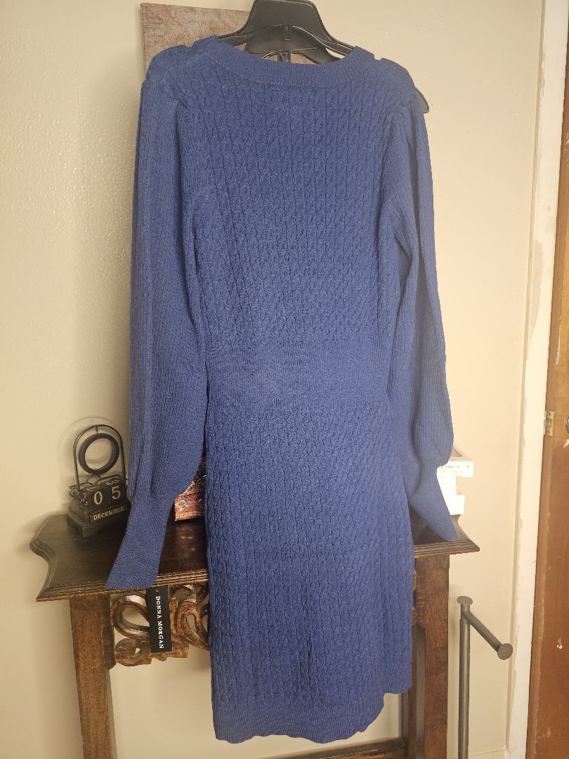 Donna Morgan Cobalt Blue Cable Knit Sweater Dress – Puff Shoulder & Split Cuff Mini