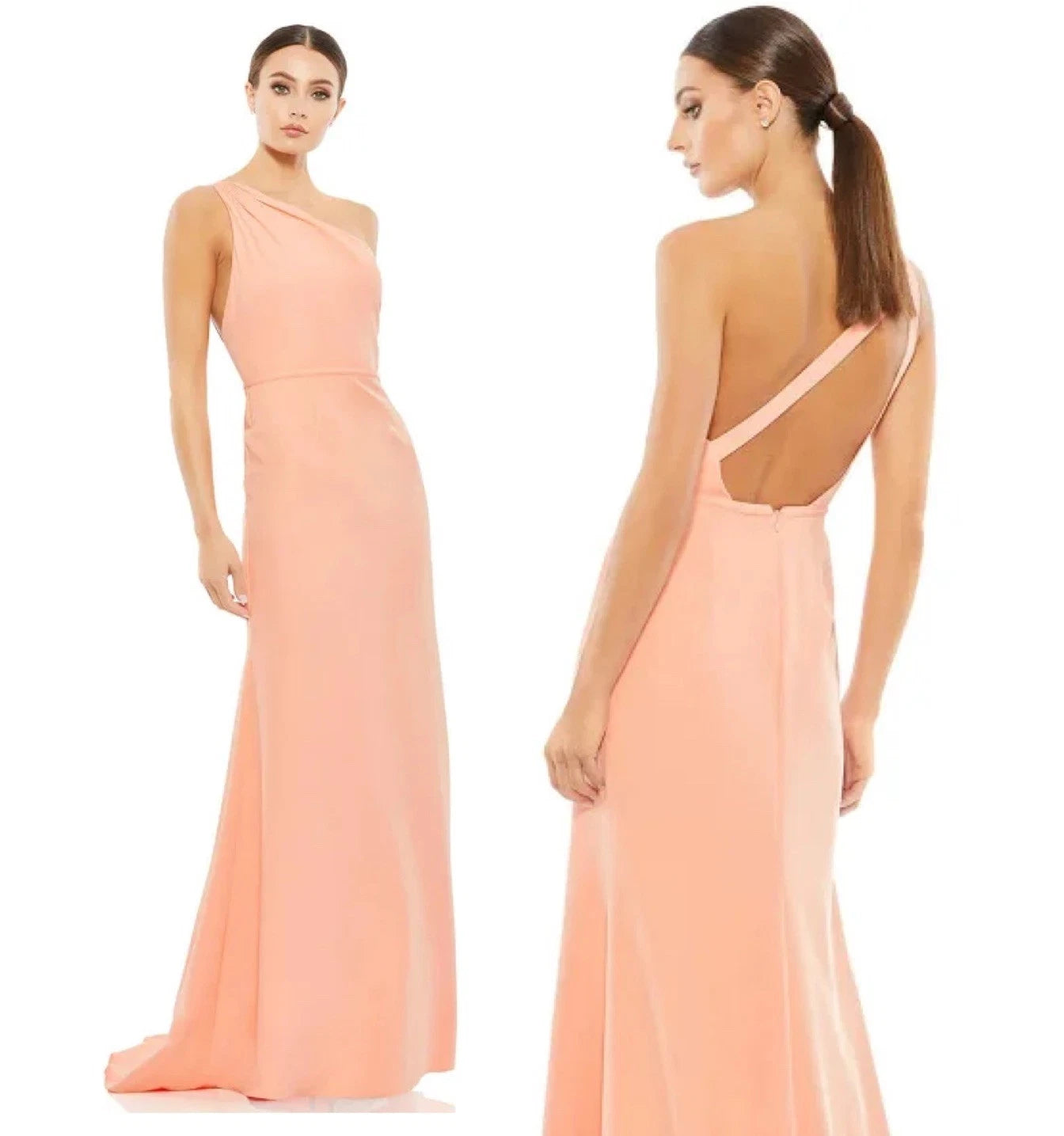 Mac Duggal One-Shoulder Jersey Mermaid Gown in Peach