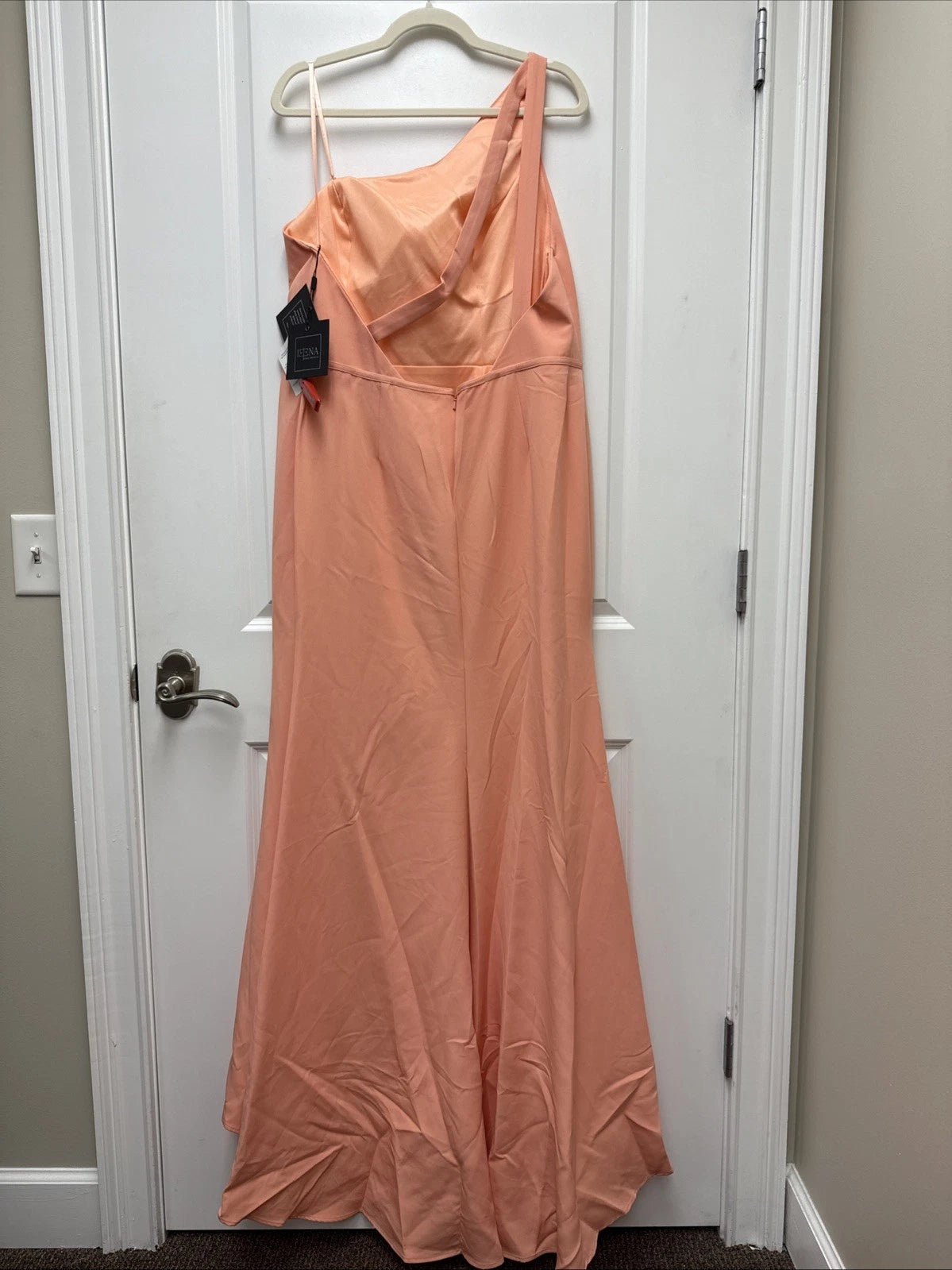 Mac Duggal One-Shoulder Jersey Mermaid Gown in Peach