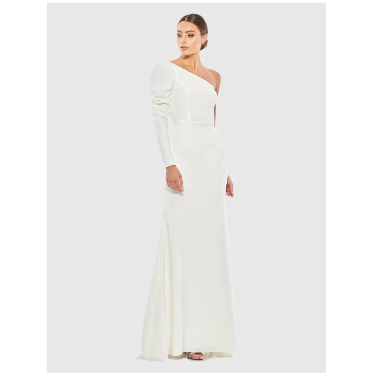 Mac Duggal One-Shoulder Puff Sleeve Trumpet Gown (Style No. 26592) in White