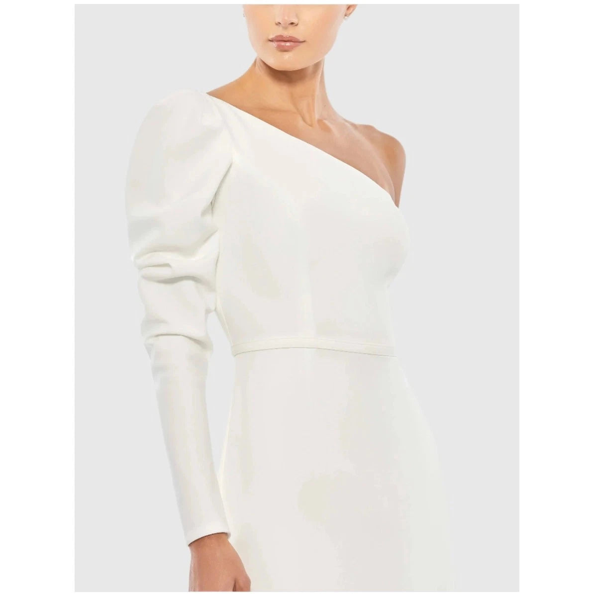Mac Duggal One-Shoulder Puff Sleeve Trumpet Gown (Style No. 26592) in White