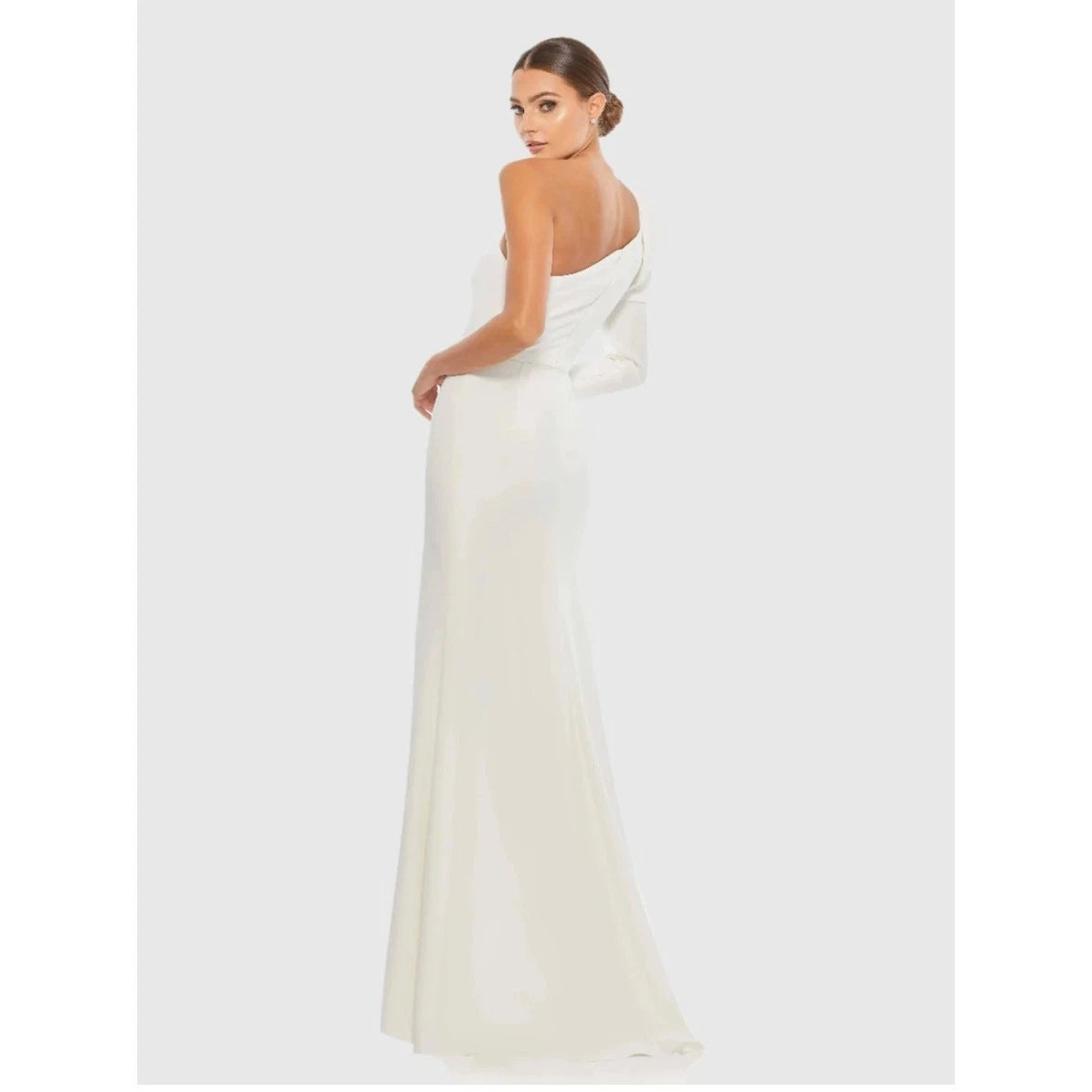 Mac Duggal One-Shoulder Puff Sleeve Trumpet Gown (Style No. 26592) in White