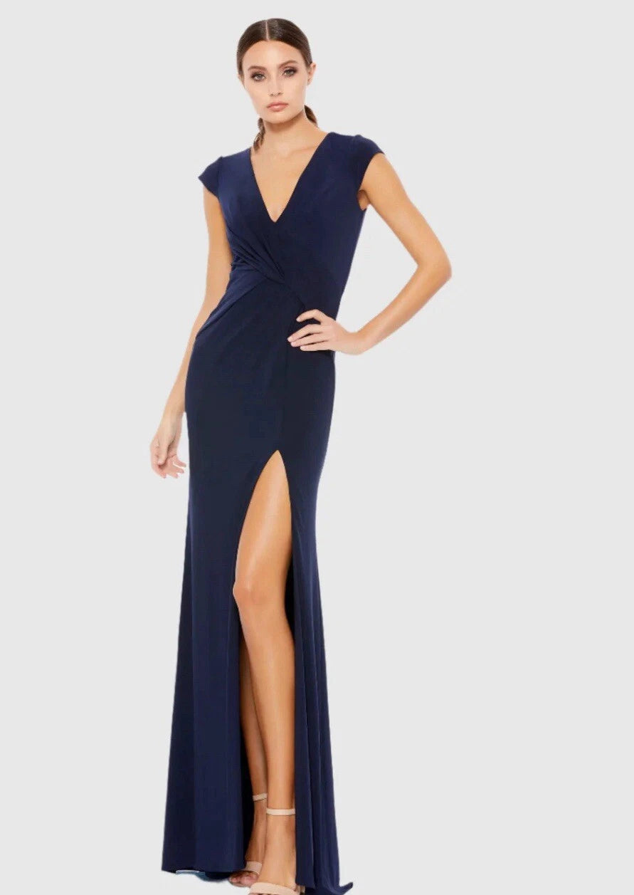 Mac Duggal V-Neck Ruched Jersey Gown in Navy Blue