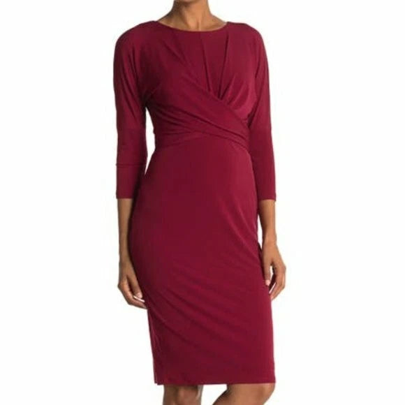 London Times Women's Wine Red Elbow Sleeve Jersey Knit Sheath Dress