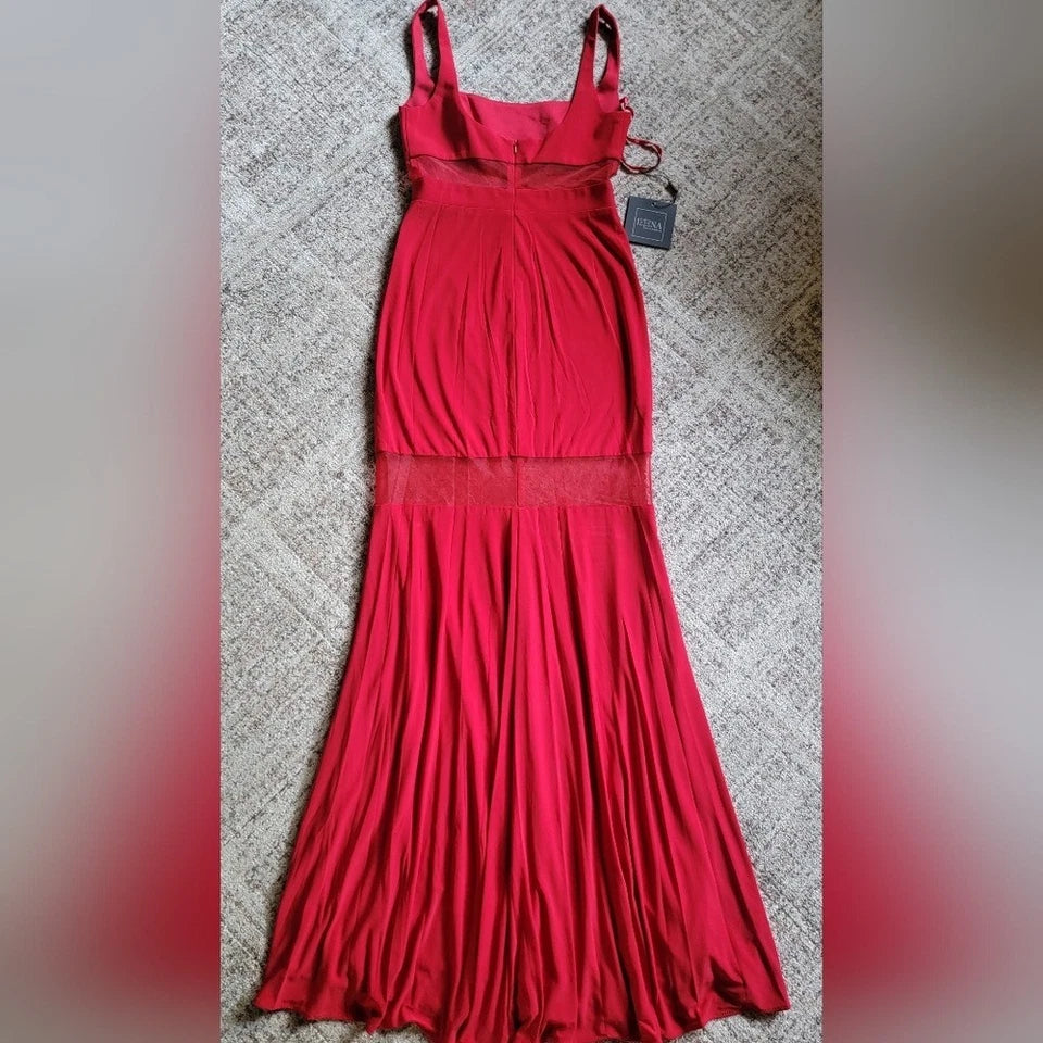 Mac Duggal Sheer Mesh Panel Detail Column Gown