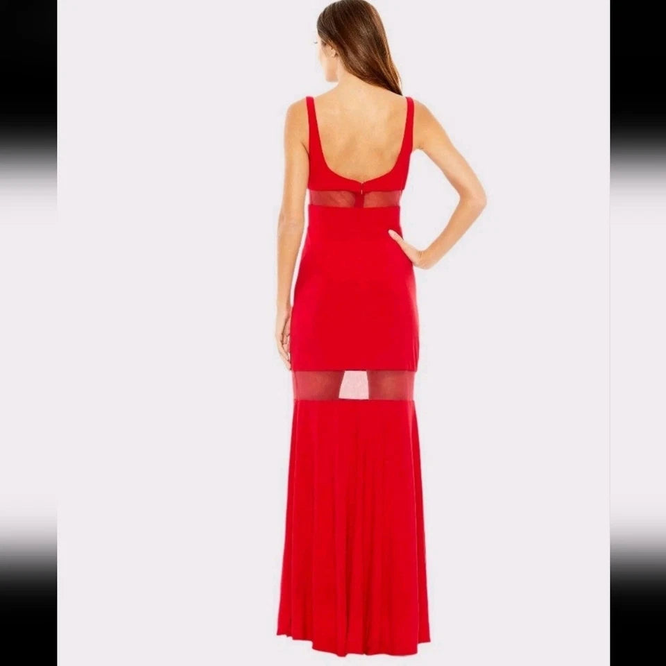 Mac Duggal Sheer Mesh Panel Detail Column Gown