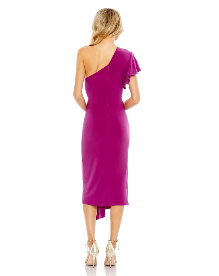 Magenta One-Shoulder Asymmetric Midi Cocktail Dress