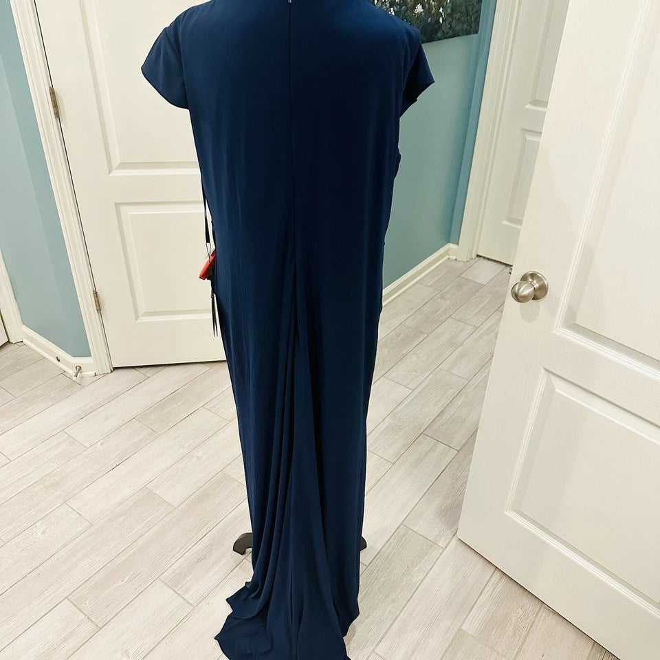 Mac Duggal V-Neck Ruched Jersey Gown in Navy Blue