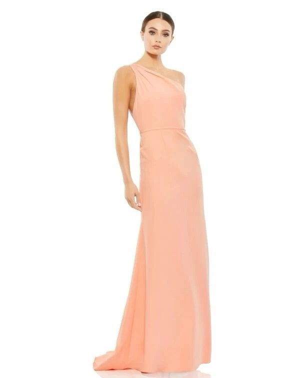Mac Duggal One-Shoulder Jersey Mermaid Gown in Peach