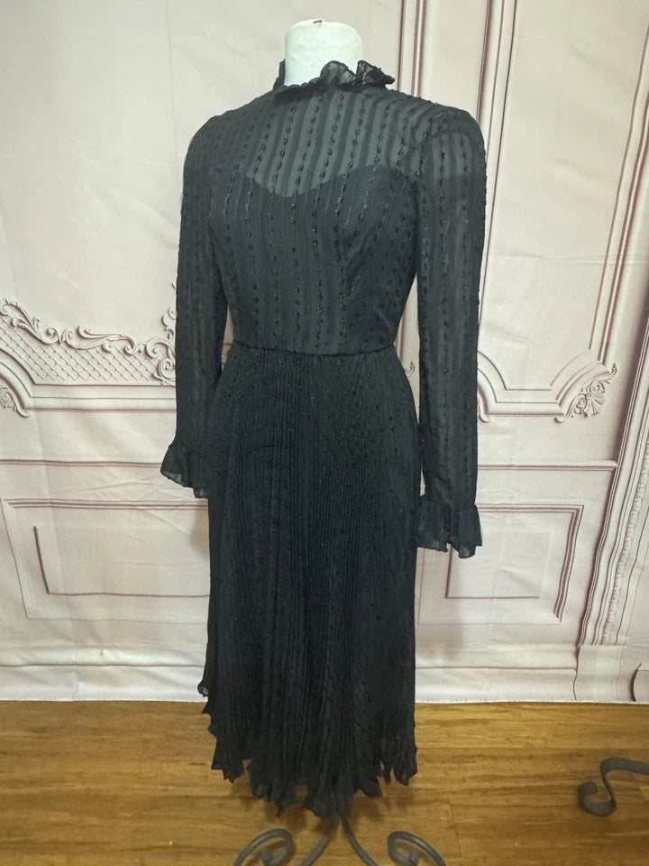 Mac Duggal Embroidered Long Sleeve Ruffle Neck Midi Dress (Style No. 49627) in Black