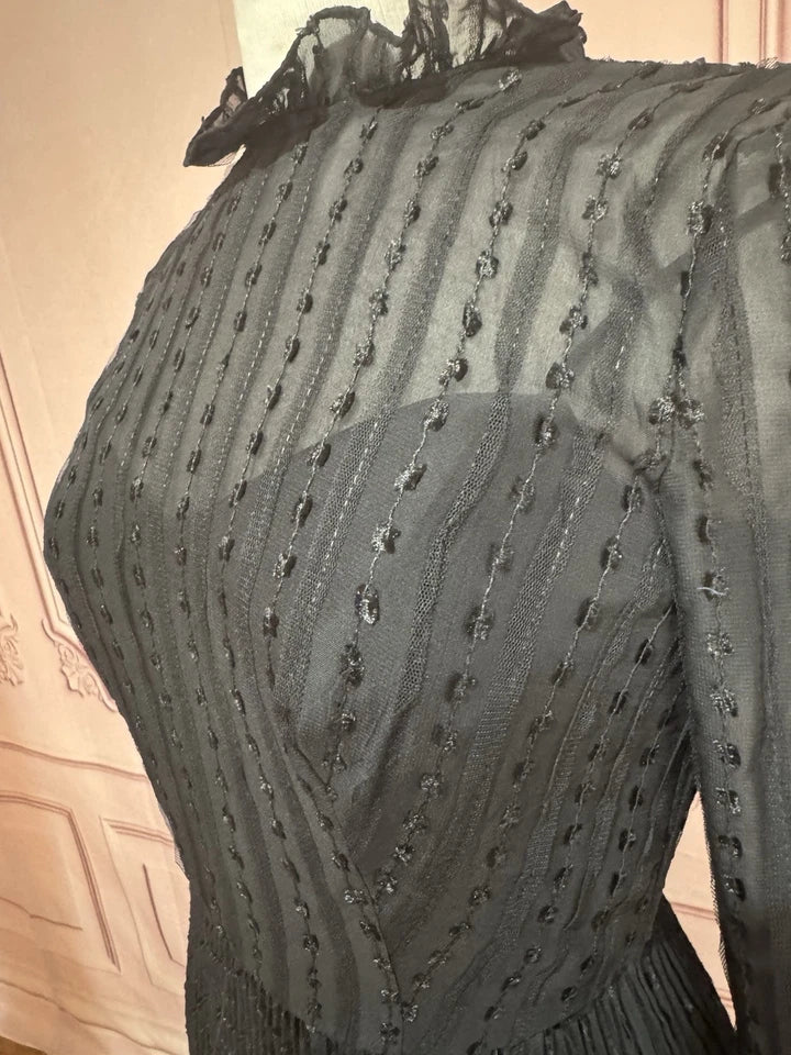 Mac Duggal Embroidered Long Sleeve Ruffle Neck Midi Dress (Style No. 49627) in Black