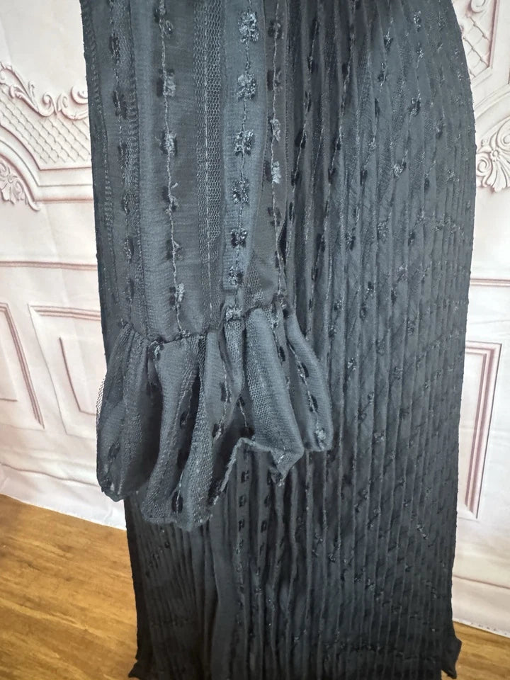 Mac Duggal Embroidered Long Sleeve Ruffle Neck Midi Dress (Style No. 49627) in Black