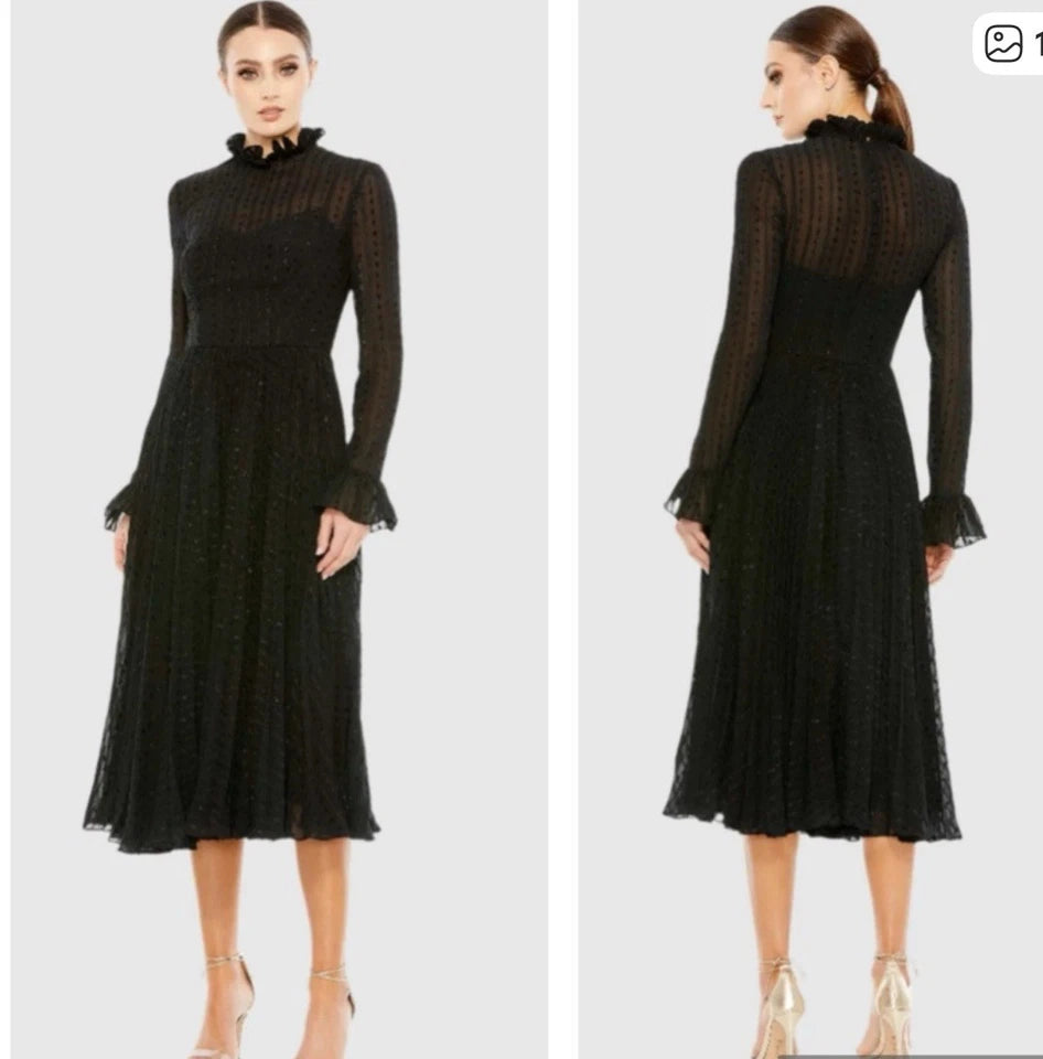 Mac Duggal Embroidered Long Sleeve Ruffle Neck Midi Dress (Style No. 49627) in Black