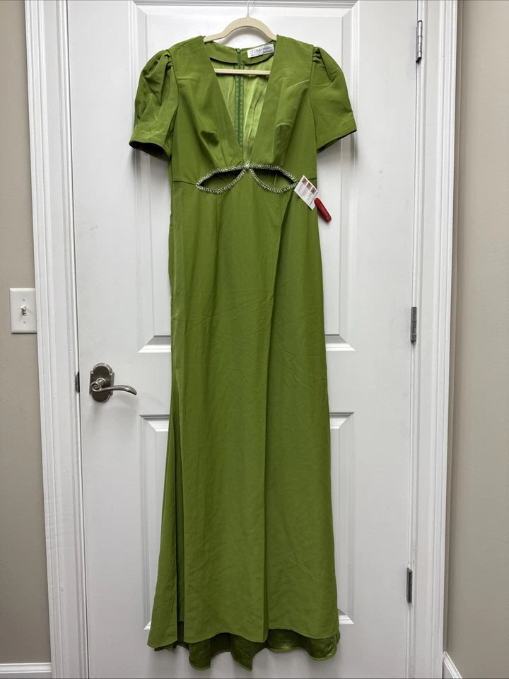 Mac Duggal Embellished Plunge Neck Cut Out Puff Sleeve Gown (Style No. 2630) in Apple Green