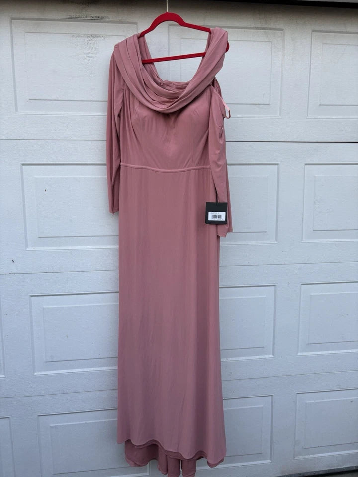 Mac Duggal One-Shoulder Drop Shoulder Long Sleeve Column Gown (Style No. 26595) in Rose Gold