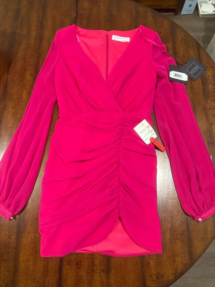 Mac Duggal 26655 Ruched Bishop Sleeve Pink Dress