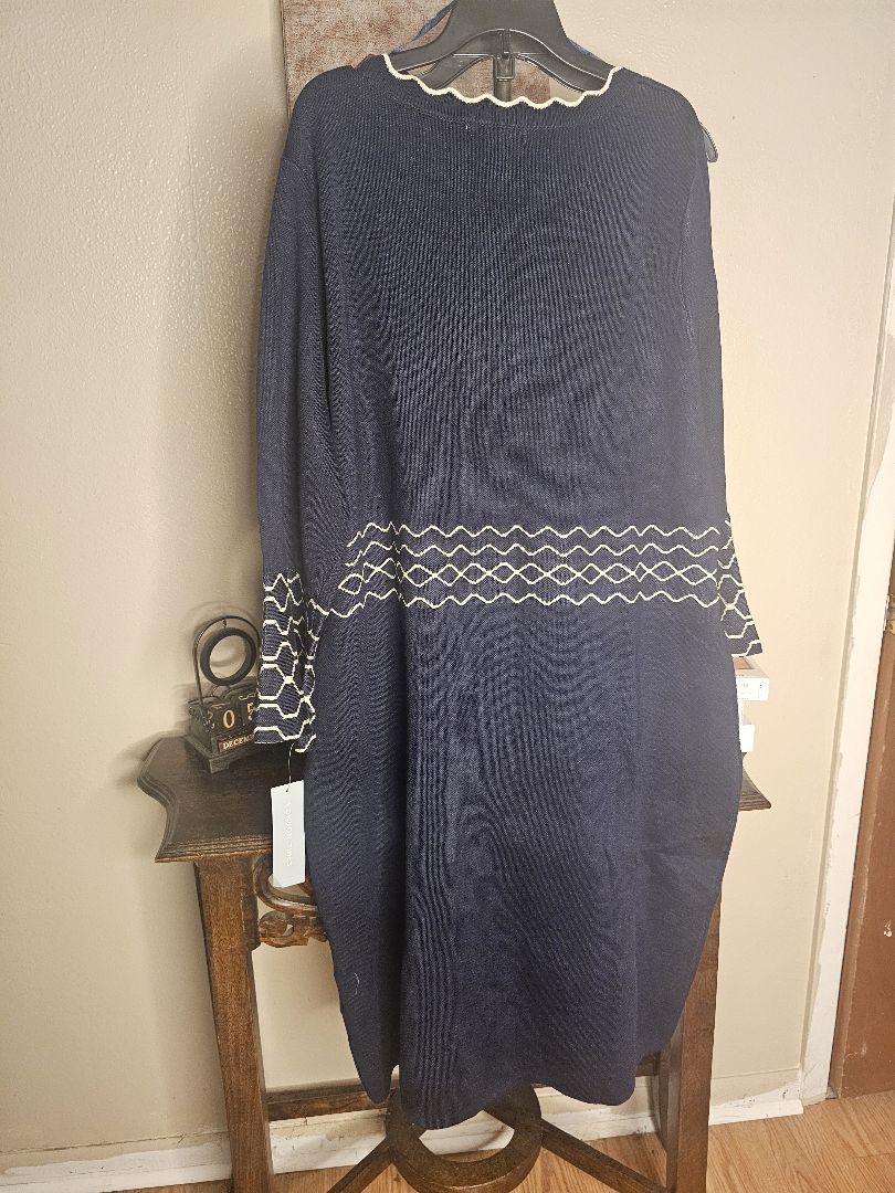 Women's Navy Knit Sweater Dress with Scalloped Neckline and Chevron Trim – Midi Length