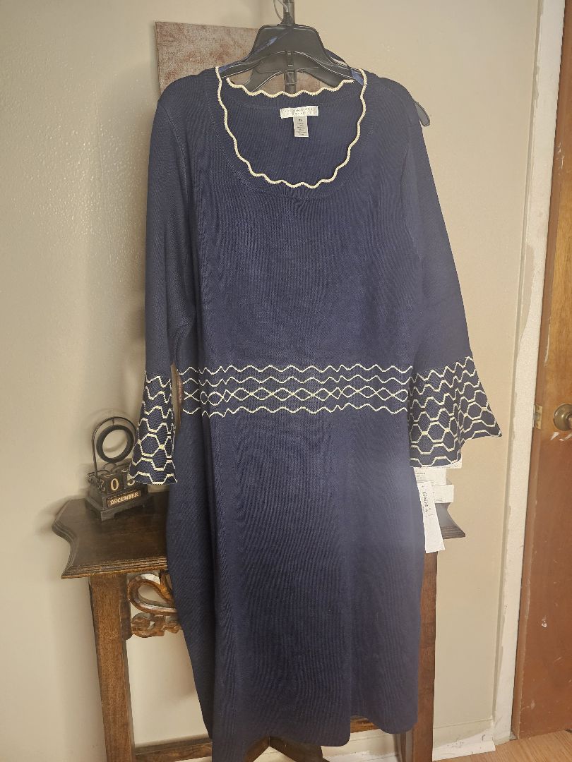 Women's Navy Knit Sweater Dress with Scalloped Neckline and Chevron Trim – Midi Length