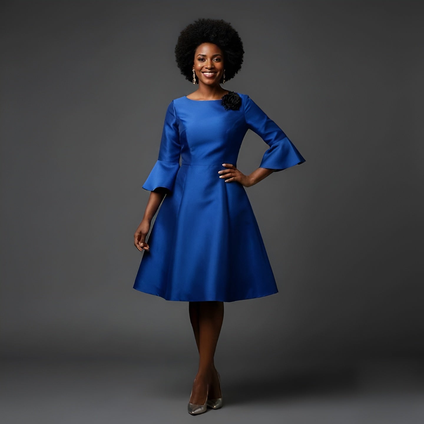 Royal Blue Shantung Cocktail Dress – 3/4 Bell Sleeves with Removable Floral Brooch