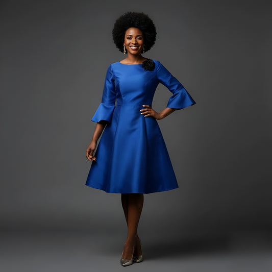 Royal Blue Shantung Cocktail Dress – 3/4 Bell Sleeves with Removable Floral Brooch