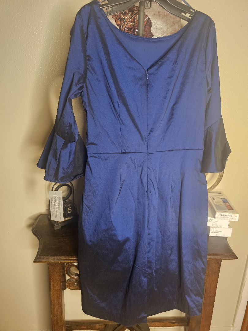 Royal Blue Shantung Cocktail Dress – 3/4 Bell Sleeves with Removable Floral Brooch