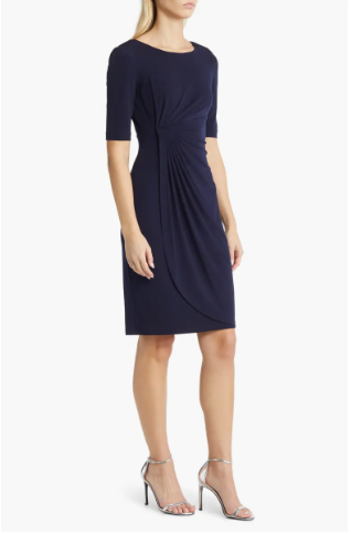 Navy Blue Twist Waist Short Sleeve Midi Dress
